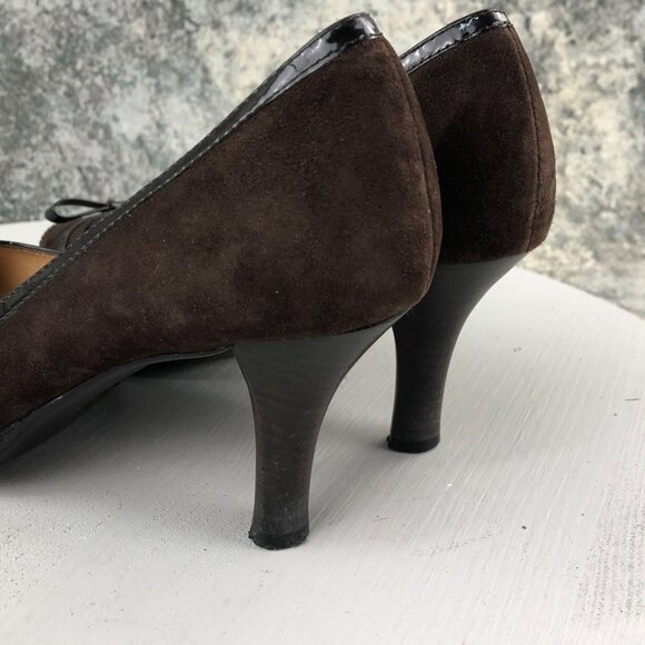 SOFFT Women's 7M Brown Suede Patent Leather Trim Peep Toe High Heel Pumps - Picture 6 of 13
